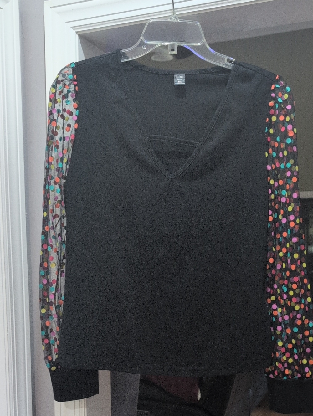 SHEIN Black Long Sleeve Top with Multicolor Polka Dot Mesh Sleeves